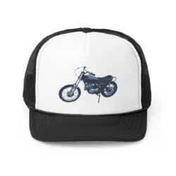 a black and white cap with a bike print